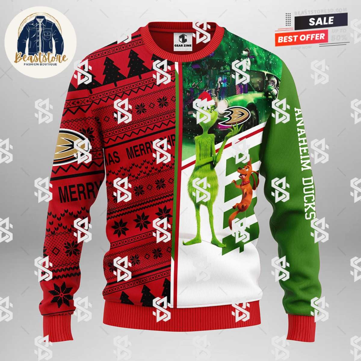 Anaheim Ducks Grinch & Scooby-doo Christmas Ugly Sweater