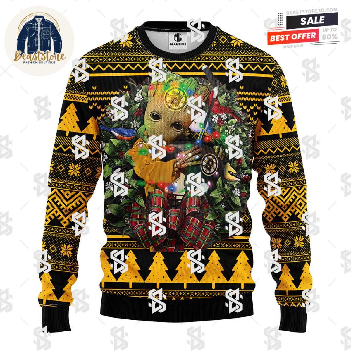 Boston Bruins Groot Hug Christmas Ugly Sweater