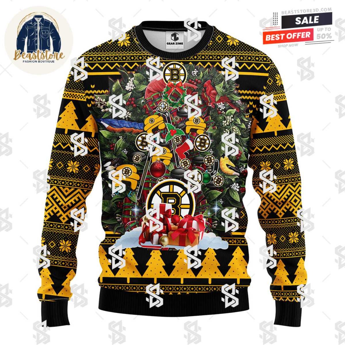 Boston Bruins Tree Ugly Christmas Fleece Sweater