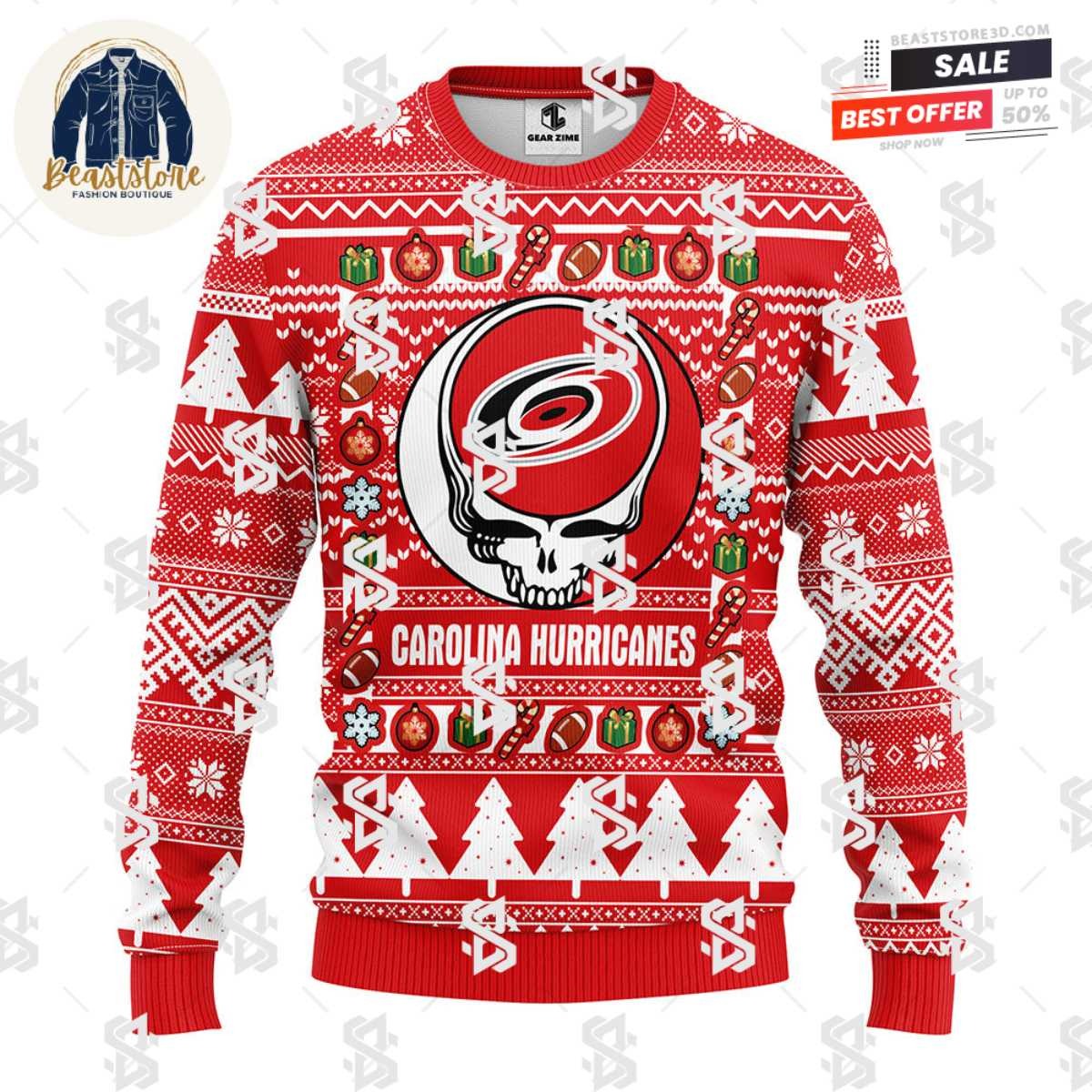 Carolina Hurricanes Grateful Dead Ugly Christmas Fleece Sweater