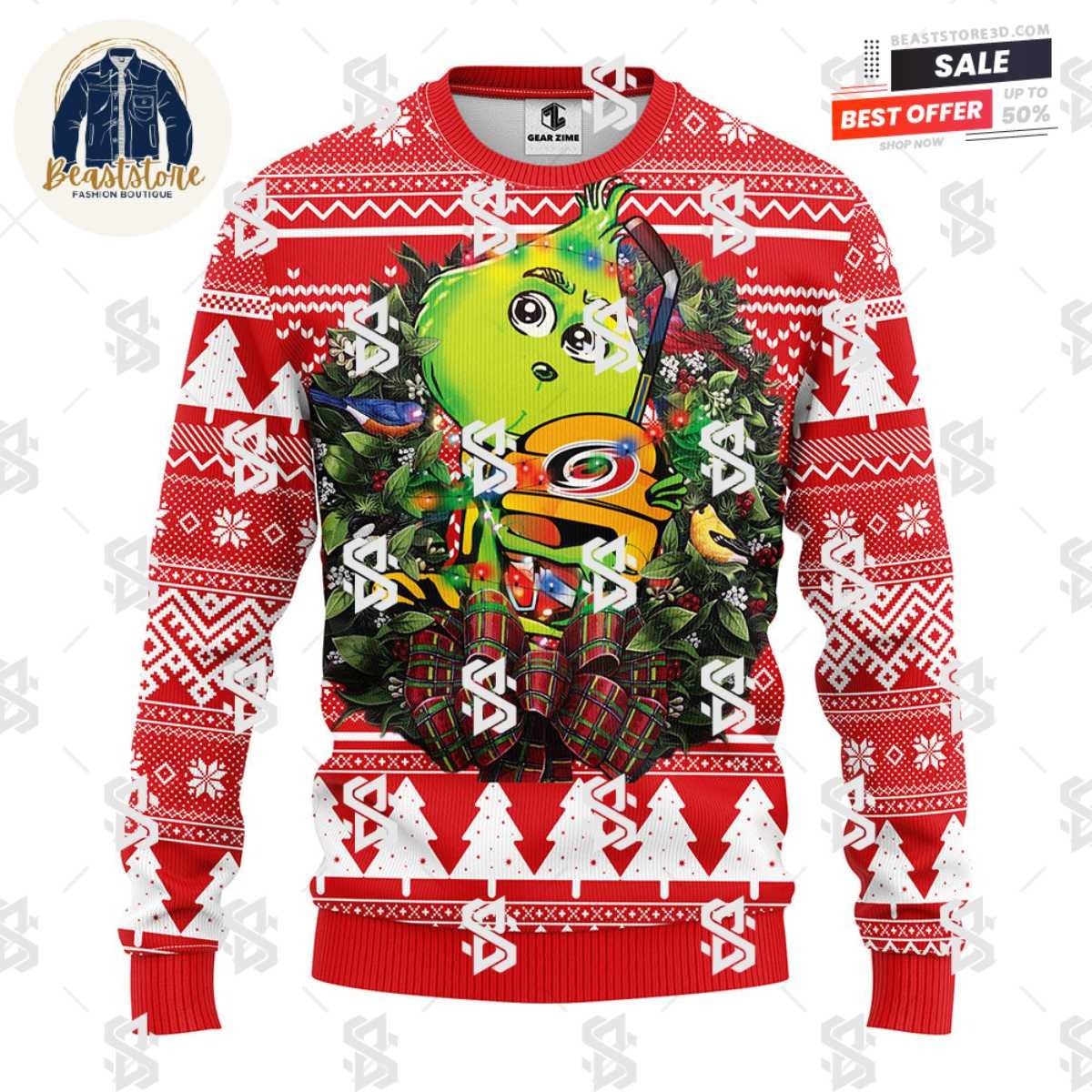 Carolina Hurricanes Grinch Hug Christmas Ugly Sweater