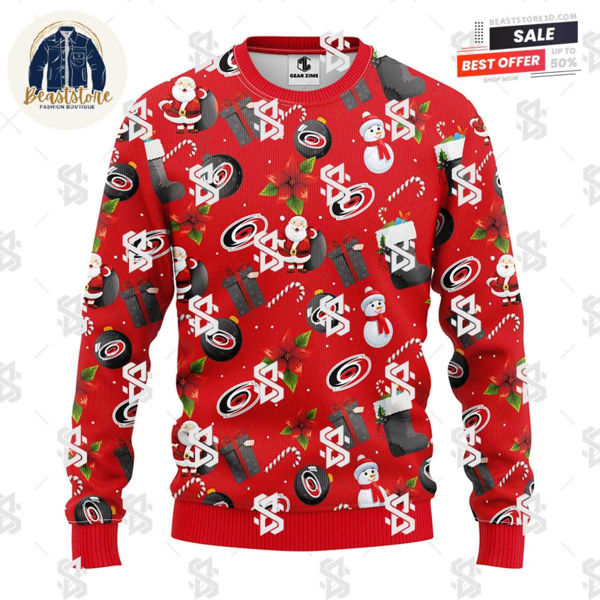 Carolina Hurricanes Santa Claus Snowman Christmas Ugly Sweater