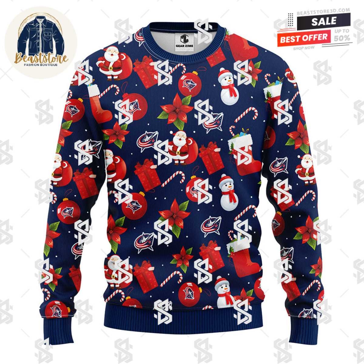 Columbus Blue Jackets Santa Claus Snowman Christmas Ugly Sweater