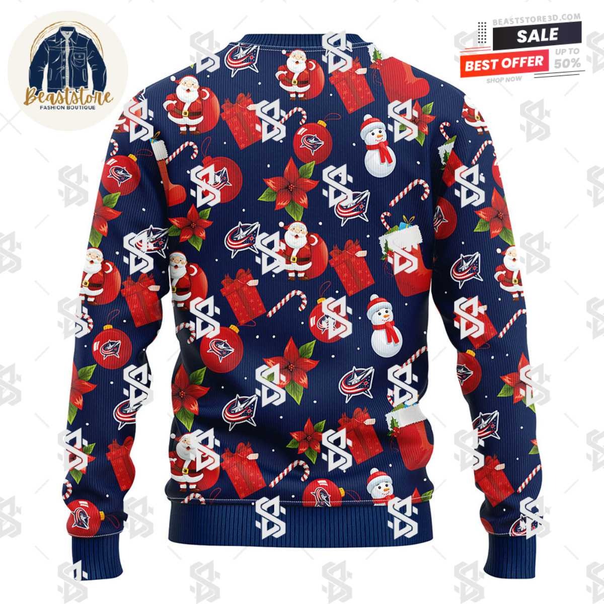 Columbus Blue Jackets Santa Claus Snowman Christmas Ugly Sweater