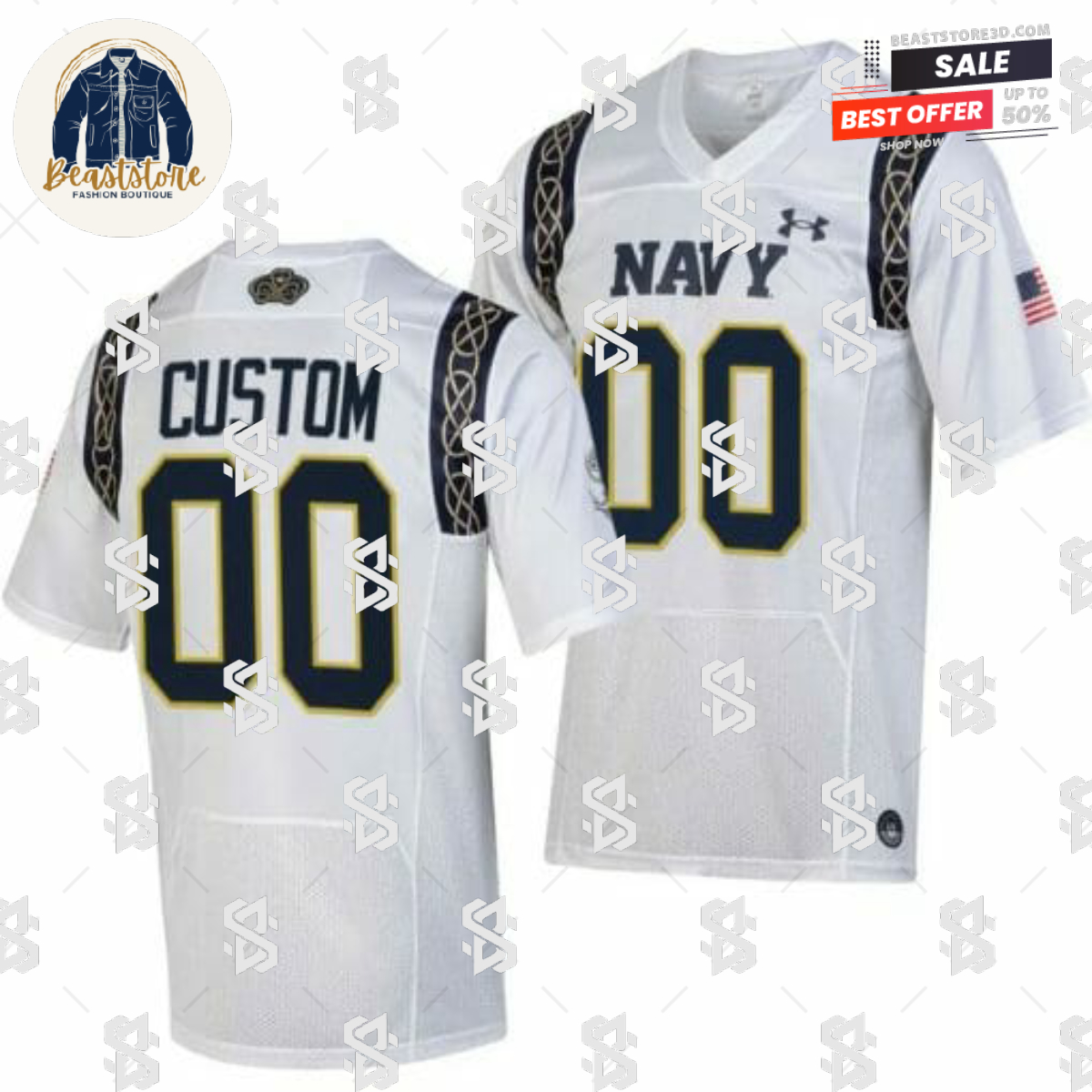 Custom Navy Midshipmen Jersey Name and Number College Football 2023 Aer Lingus Classic White Replica