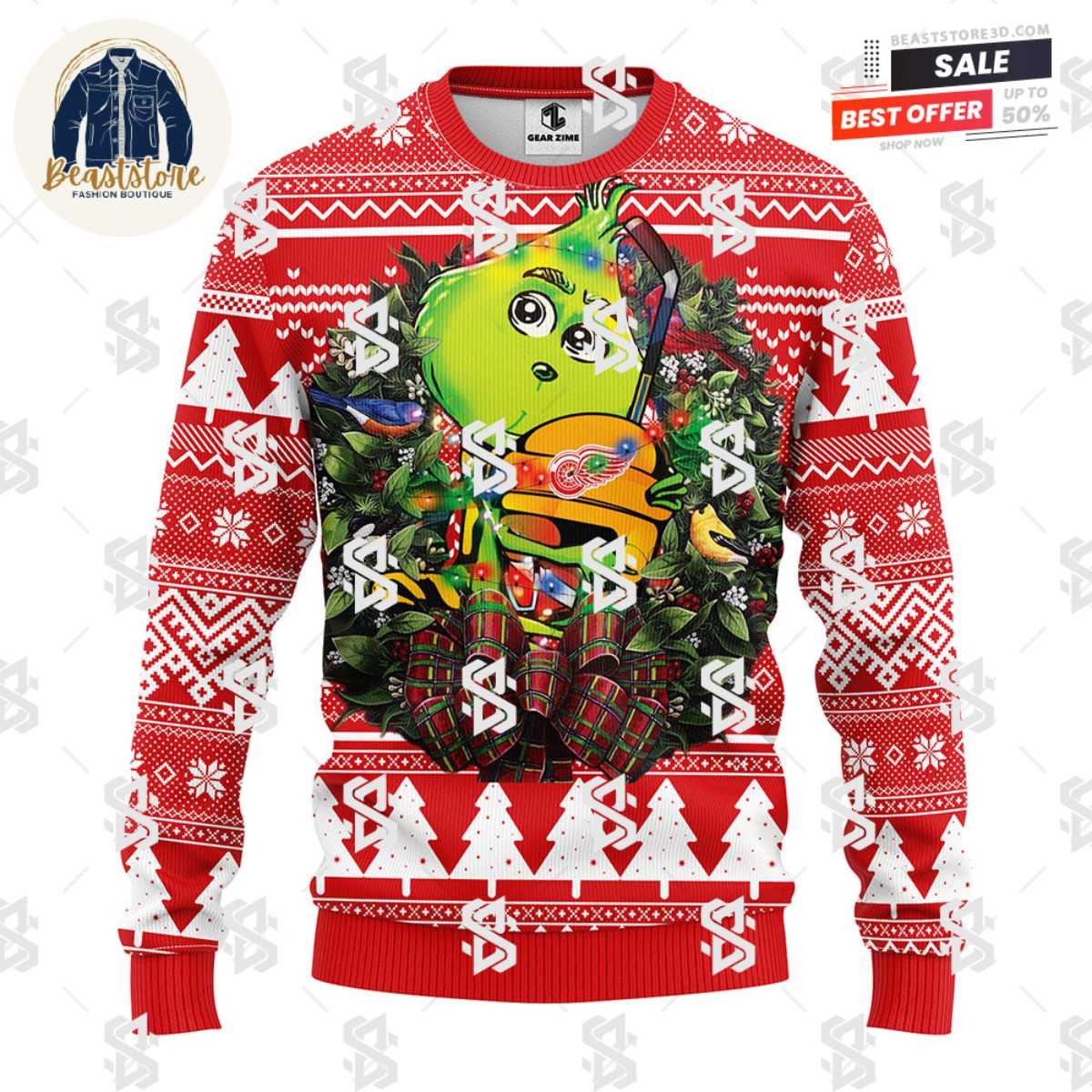 Detroit Red Wings Grinch Hug Christmas Ugly Sweater