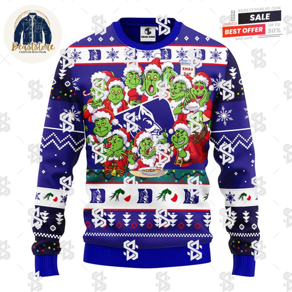 Duke Blue Devils 12 Grinch Xmas Day Christmas Ugly Sweater