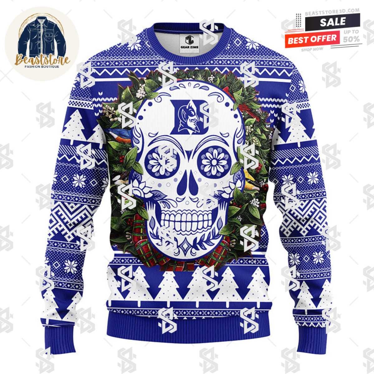 Duke Blue Devils Skull Flower Ugly Christmas Ugly Sweater