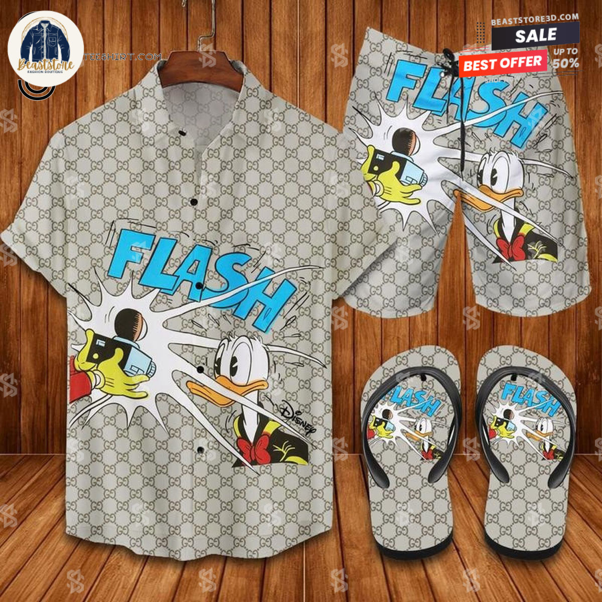 Gucci and Donald Duck All Over Print Hawaiian Shirt And Beach Shorts