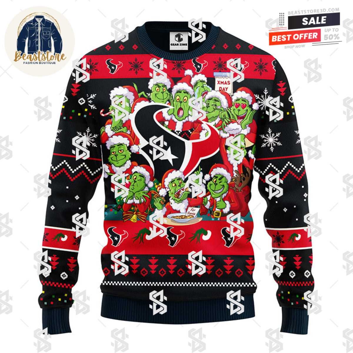 Houston Texans 12 Grinch Xmas Day Christmas Ugly Sweater