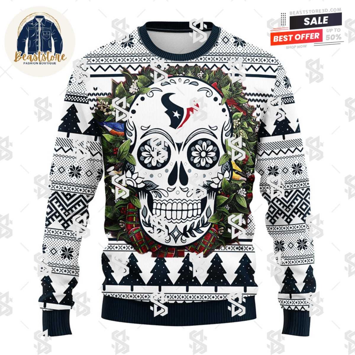 Houston Texans Skull Flower Ugly Christmas Ugly Sweater