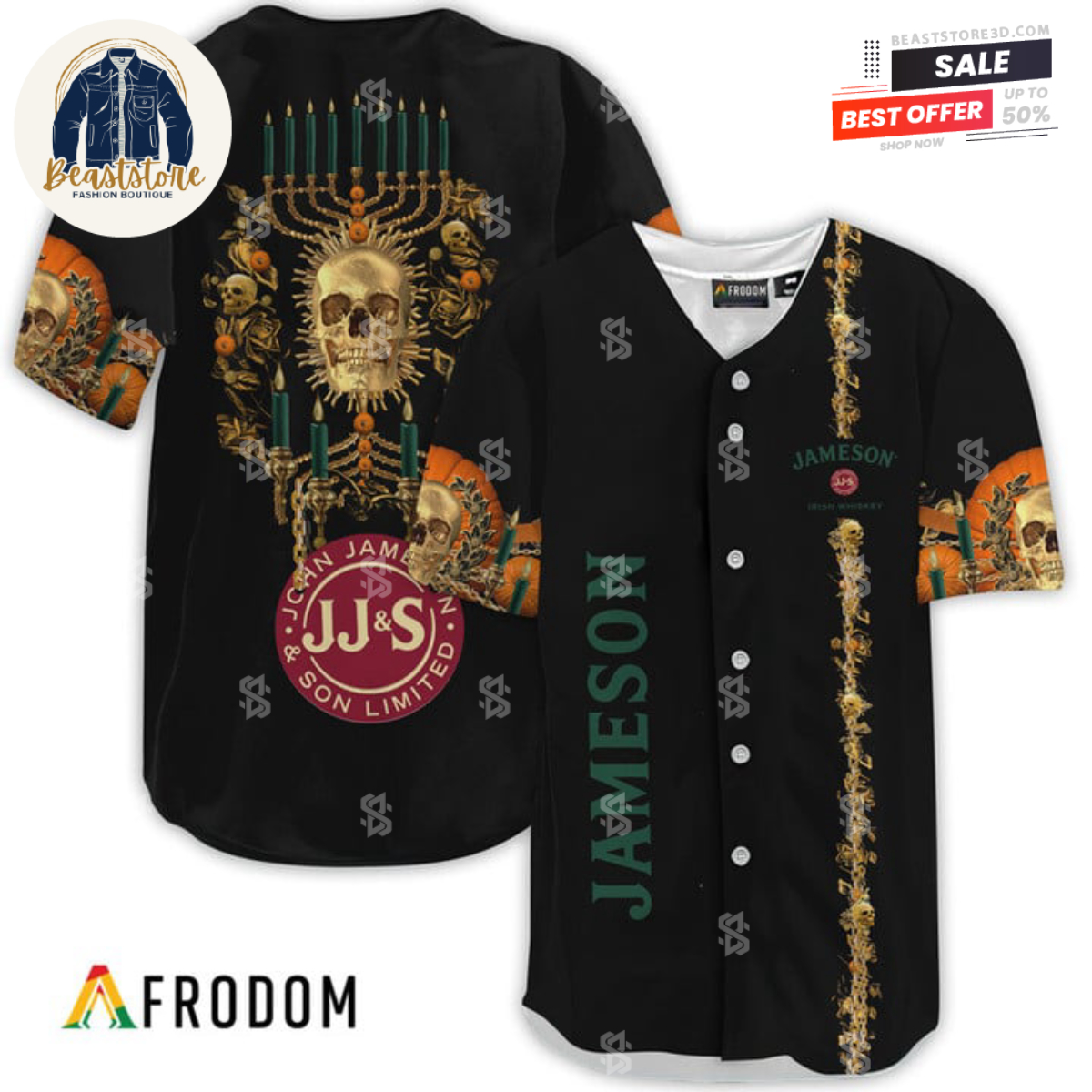 Jameson Golden Skull And Pumpkin Halloween Baseball Jersey