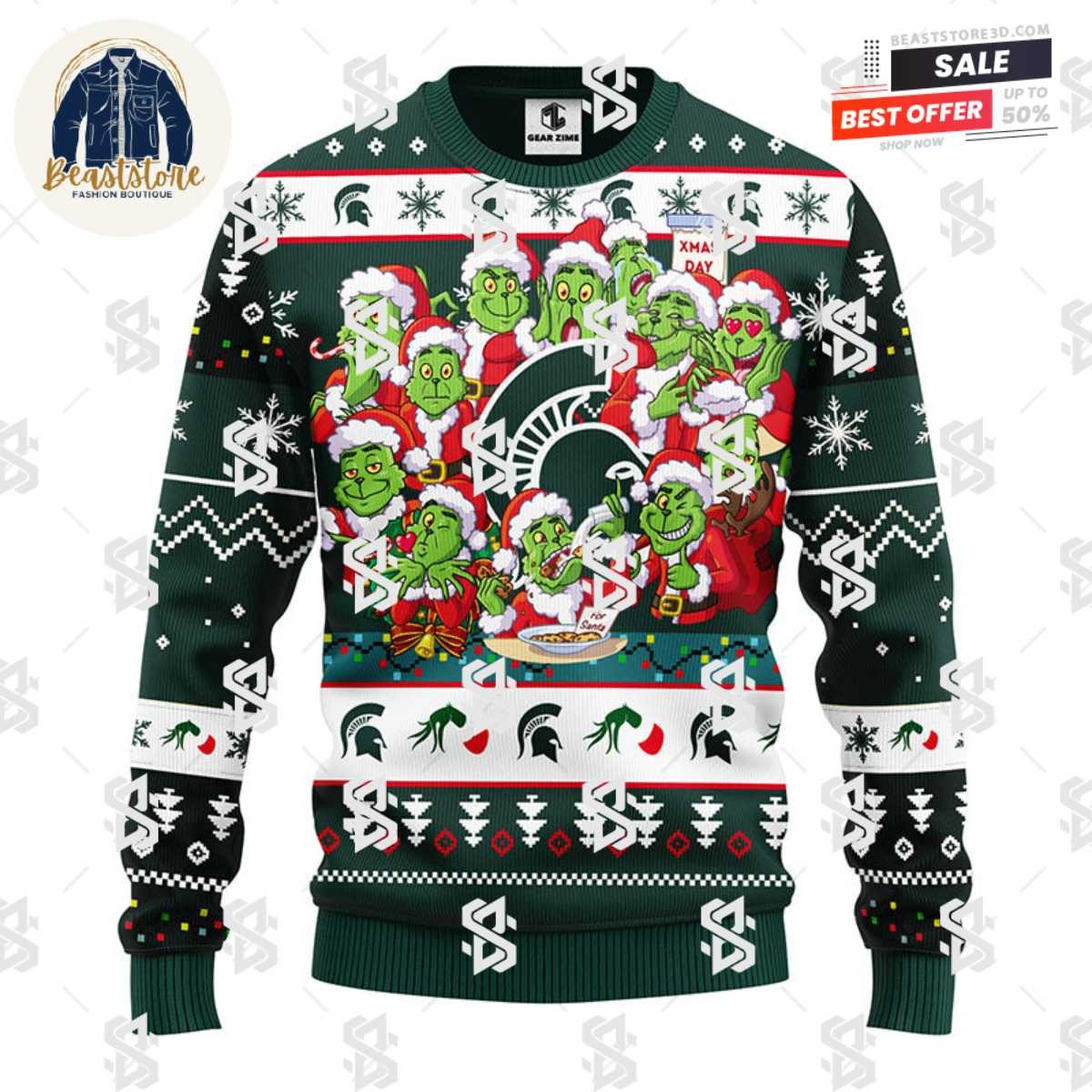 Michigan State Spartans 12 Grinch Xmas Day Christmas Ugly Sweater