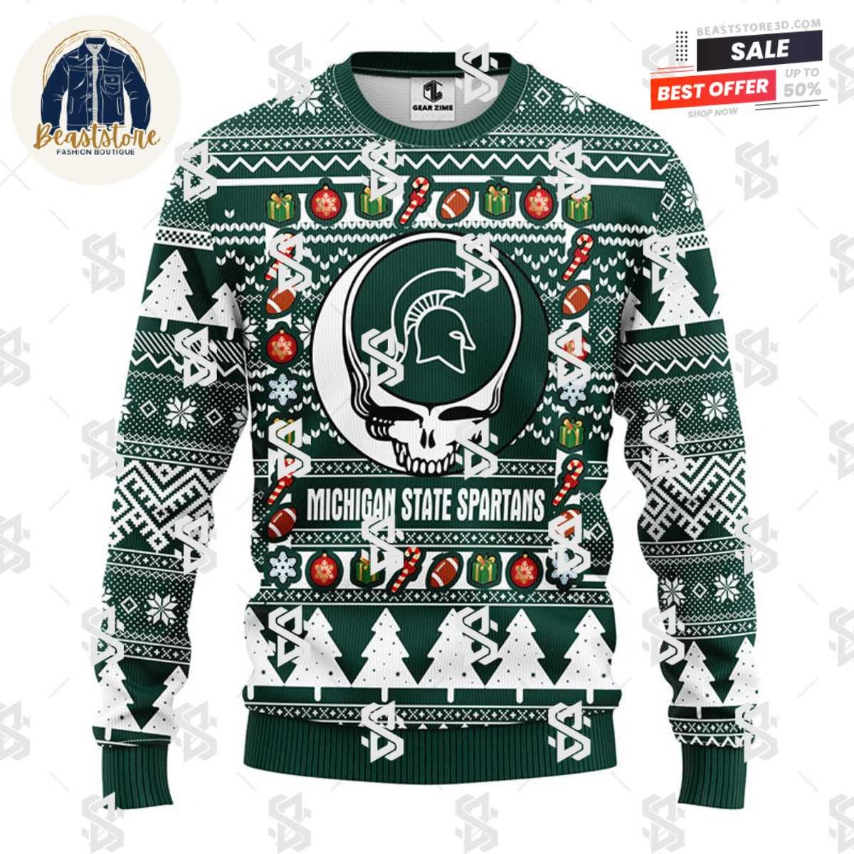 Michigan State Spartans Grateful Dead Ugly Christmas Fleece Sweater
