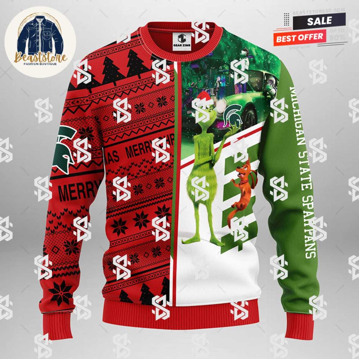 Michigan State Spartans Grinch & Scooby-doo Christmas Ugly Sweater