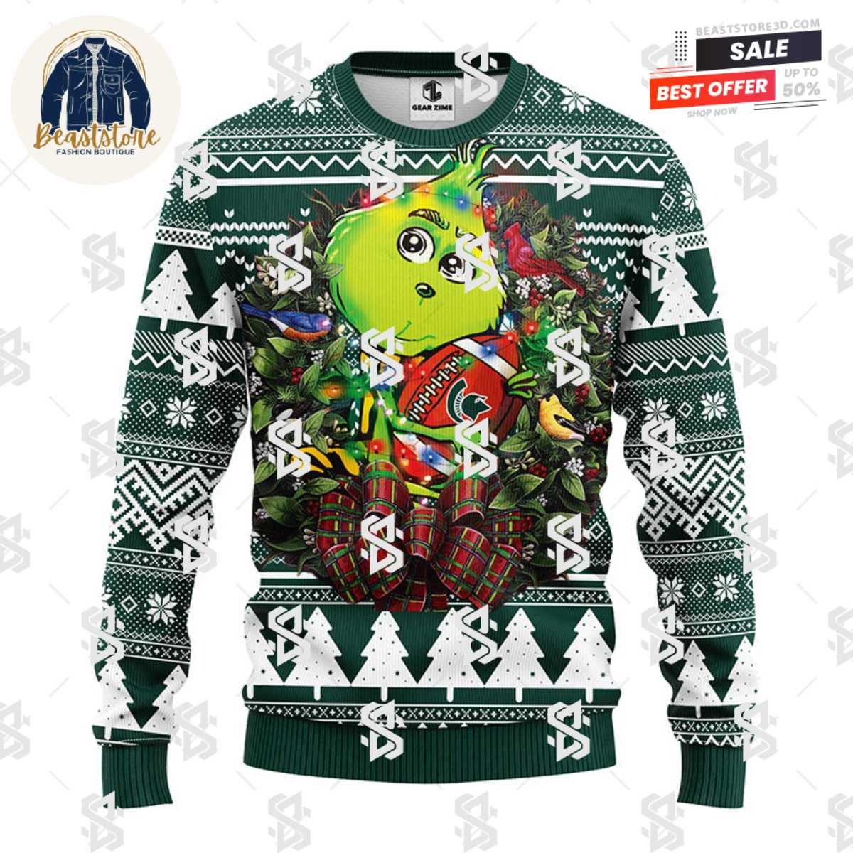 Michigan State Spartans Grinch Hug Christmas Ugly Sweater