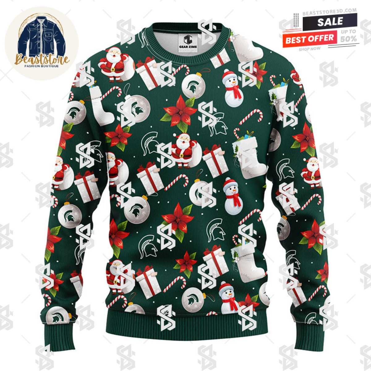 Michigan State Spartans Santa Claus Snowman Christmas Ugly Sweater
