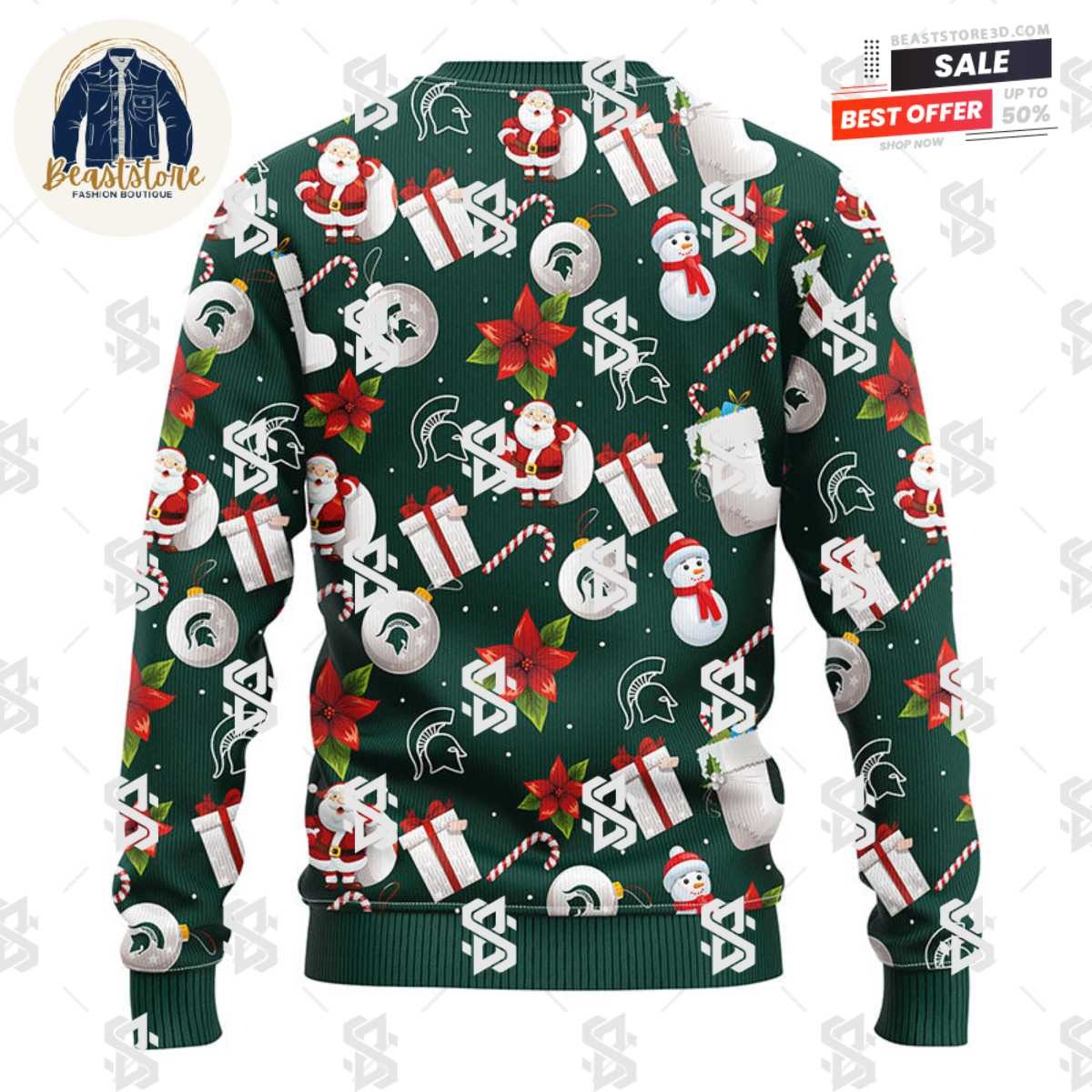 Michigan State Spartans Santa Claus Snowman Christmas Ugly Sweater