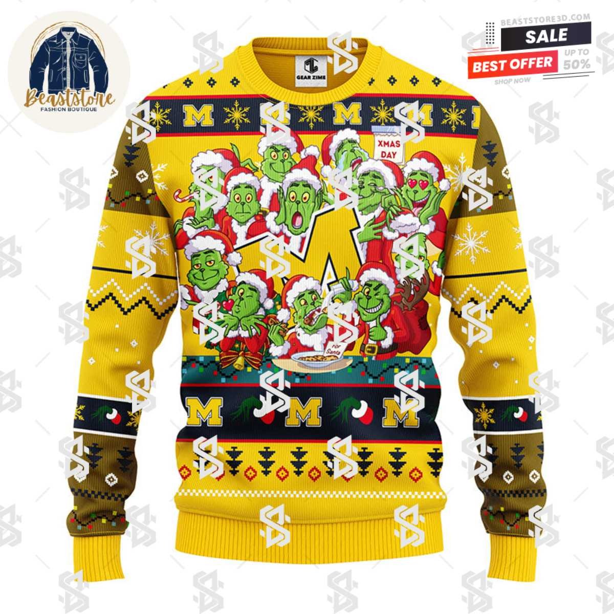 Michigan Wolverines 12 Grinch Xmas Day Christmas Ugly Sweater