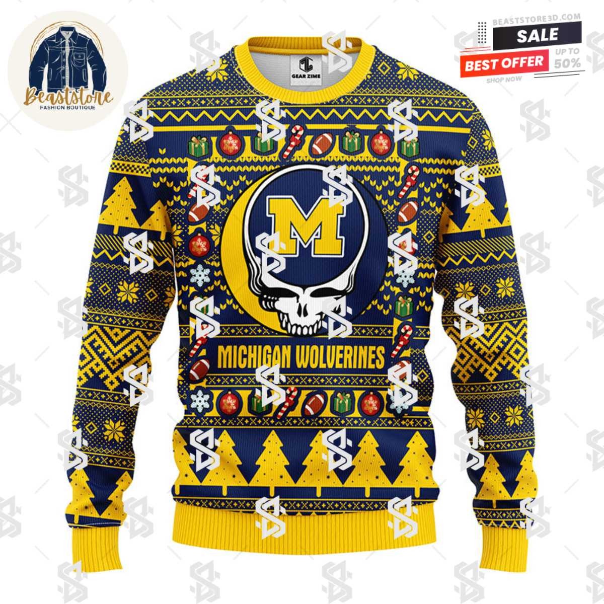 Michigan Wolverines Grateful Dead Ugly Christmas Fleece Sweater