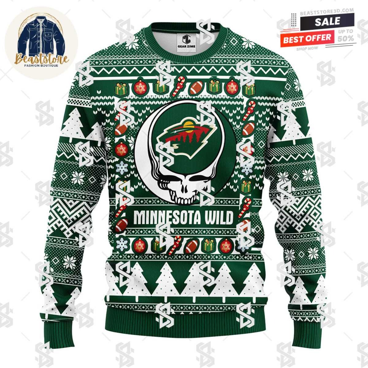 Minnesota Wild Grateful Dead Ugly Christmas Fleece Sweater