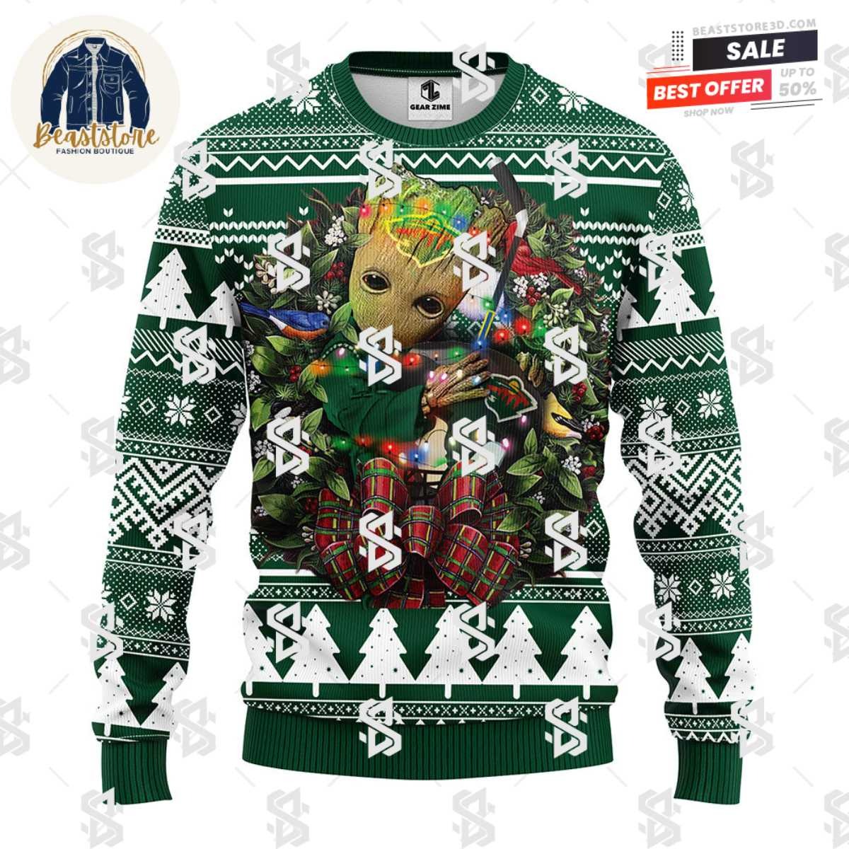 Minnesota Wild Groot Hug Christmas Ugly Sweater