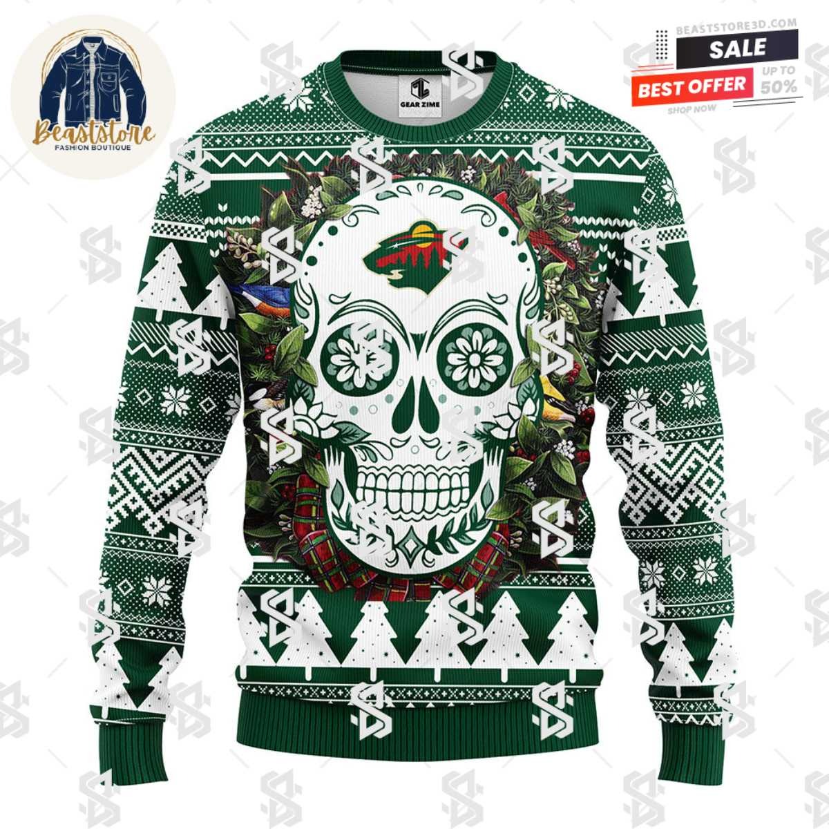 Minnesota Wild Skull Flower Ugly Christmas Ugly Sweater
