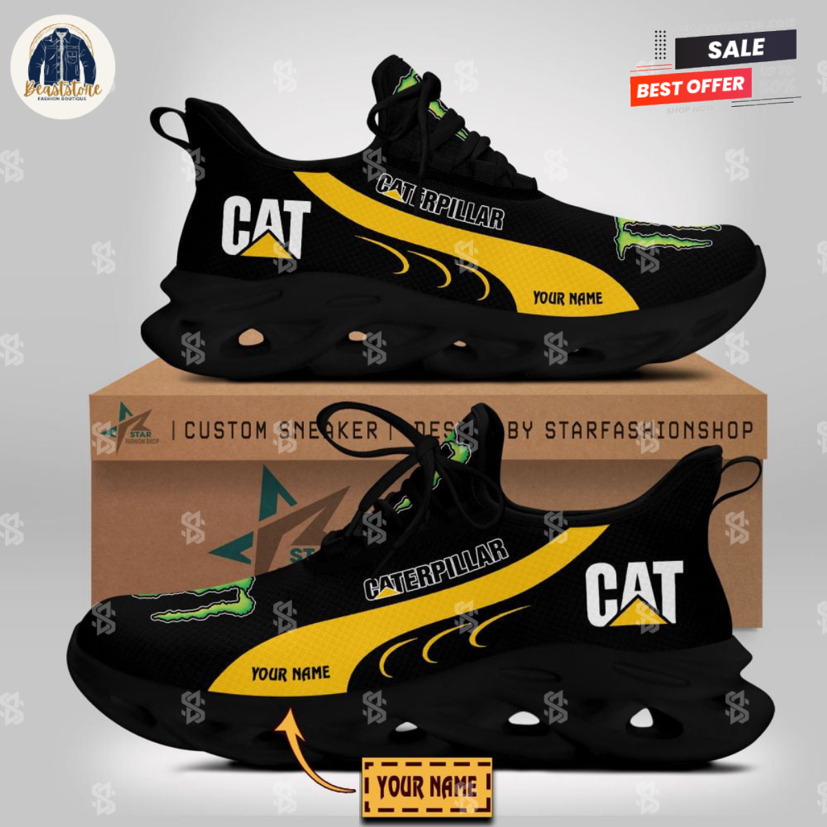 Monster Caterpillar Inc Special Black Yellow Personalized Max Soul Shoes