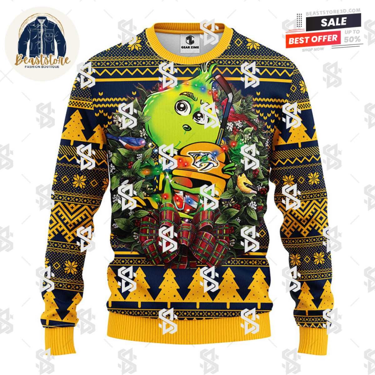 Nashville Predators Grinch Hug Christmas Ugly Sweater