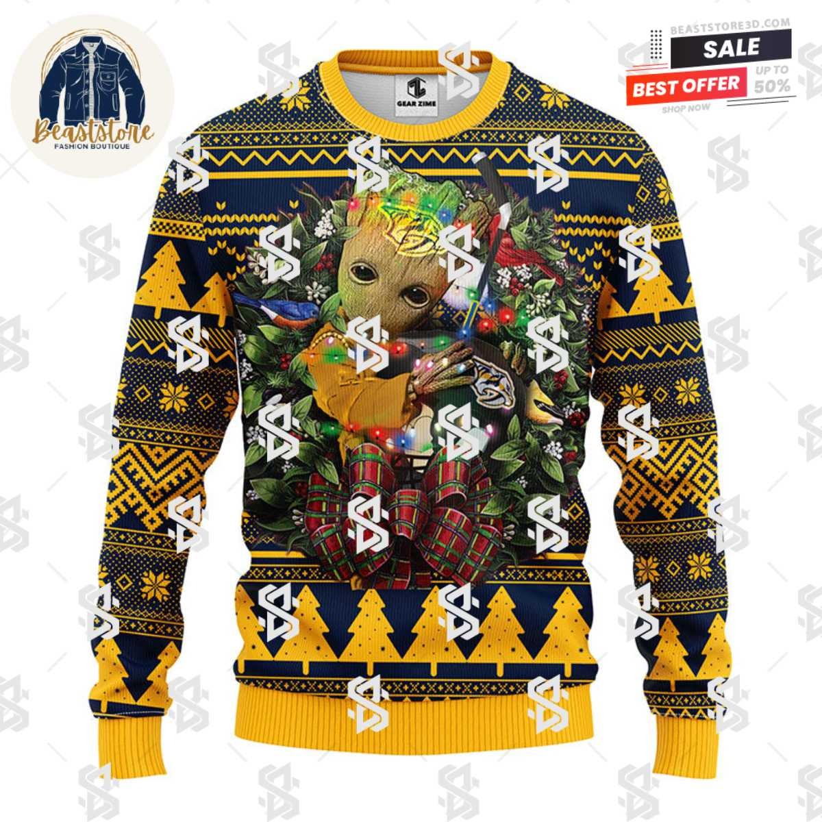 Nashville Predators Groot Hug Christmas Ugly Sweater