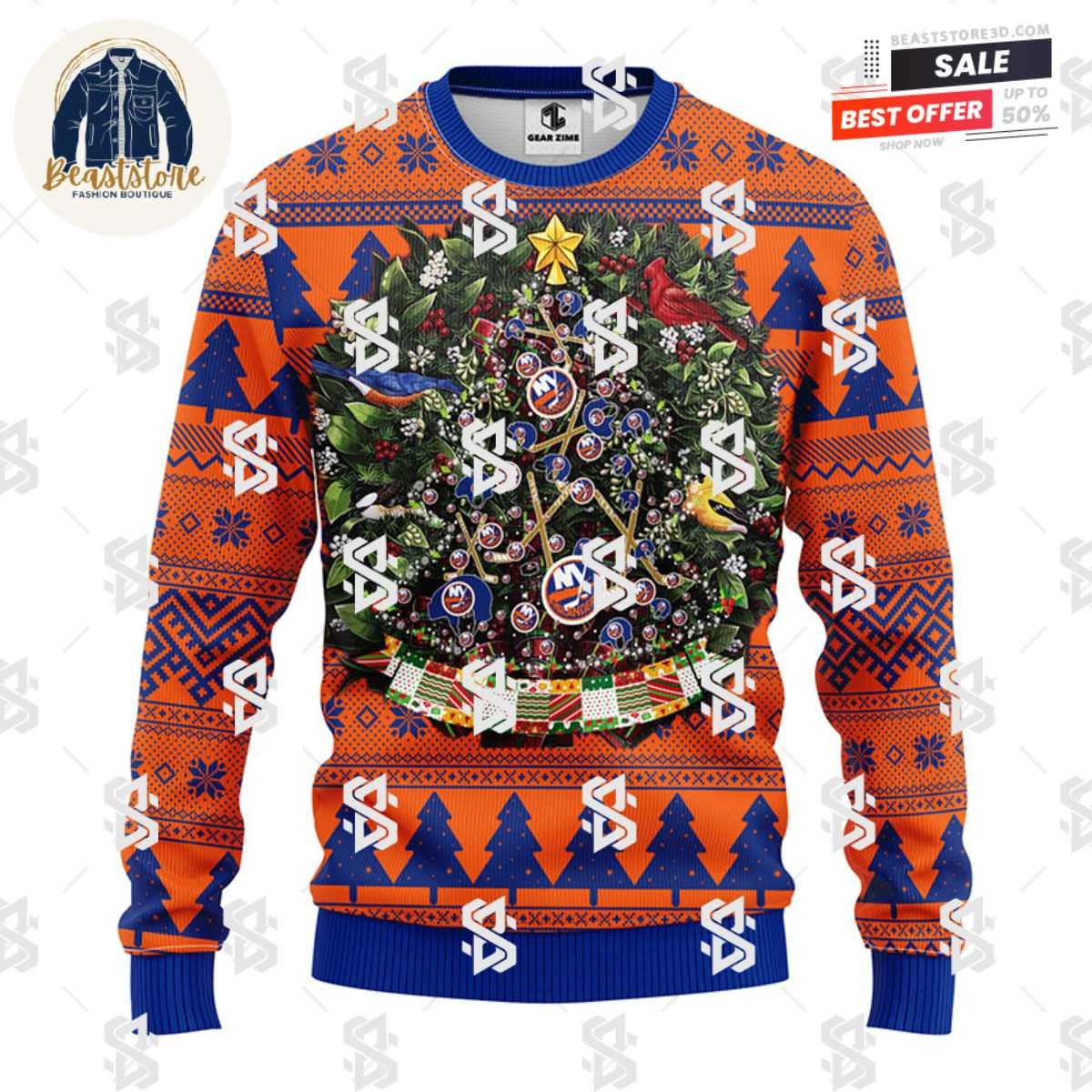 New York Islanders Tree Ball Christmas Ugly Sweater