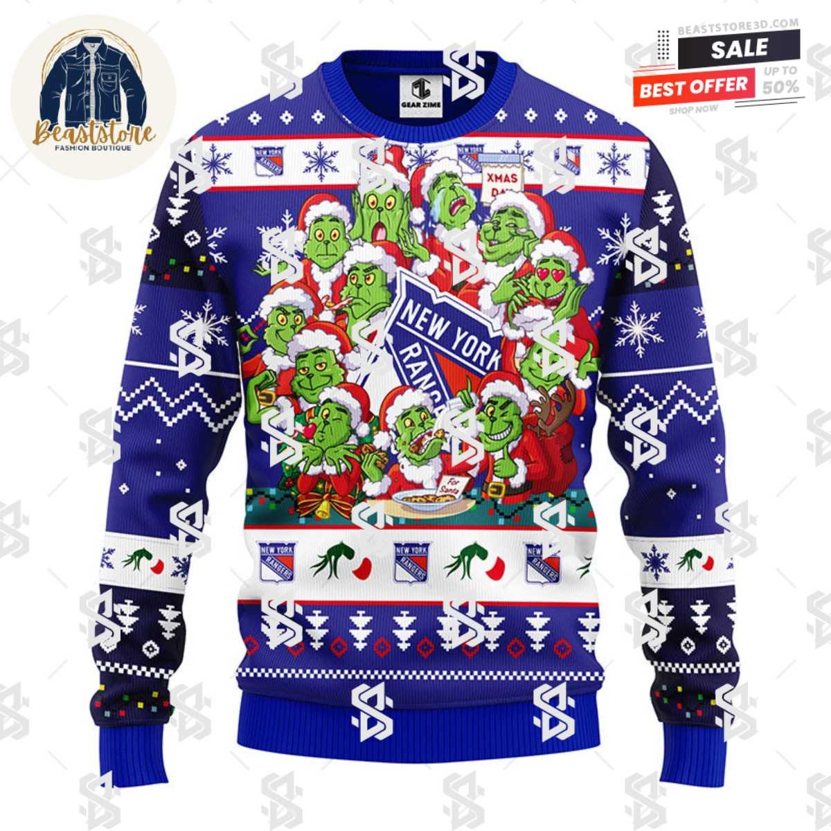 New York Rangers 12 Grinch Xmas Day Christmas Ugly Sweater