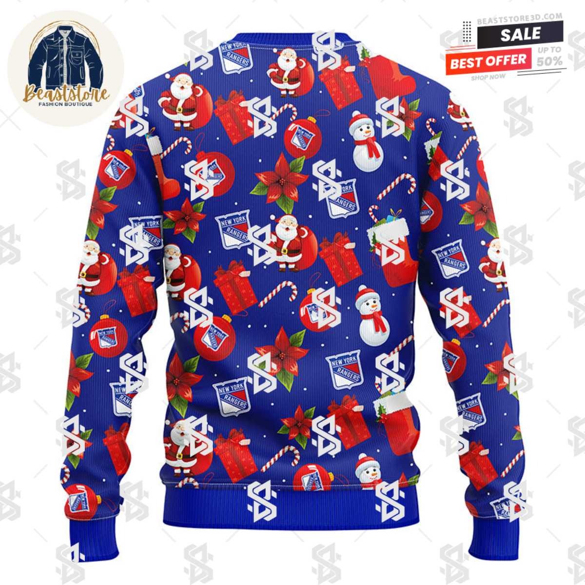 New York Rangers Santa Claus Snowman Christmas Ugly Sweater