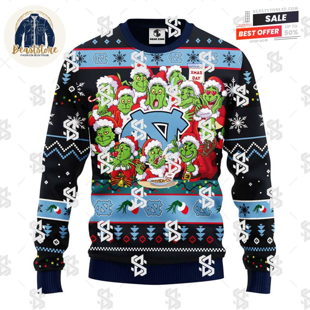North Carolina Tar Heels 12 Grinch Xmas Day Christmas Ugly Sweater