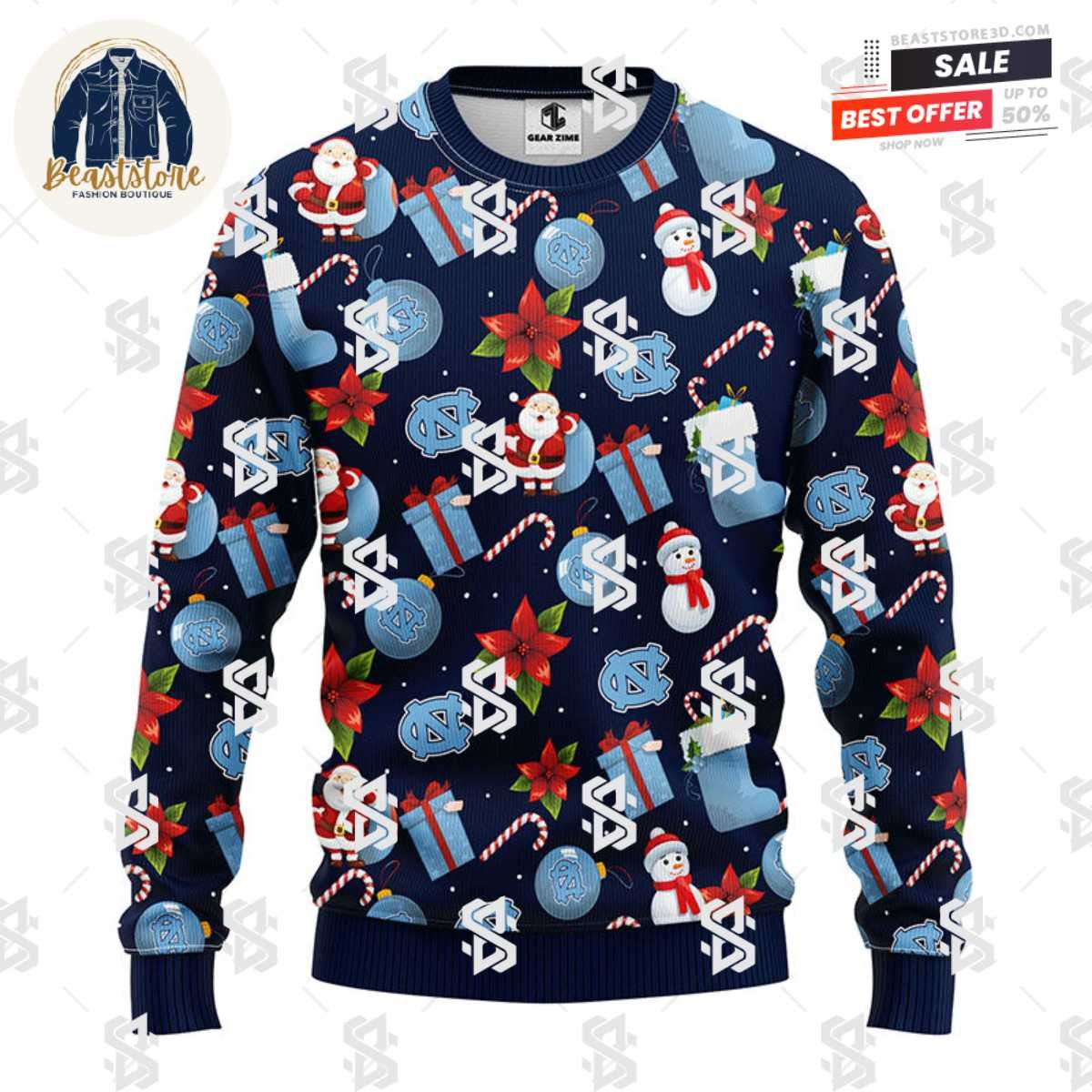 North Carolina Tar Heels Santa Claus Snowman Christmas Ugly Sweater