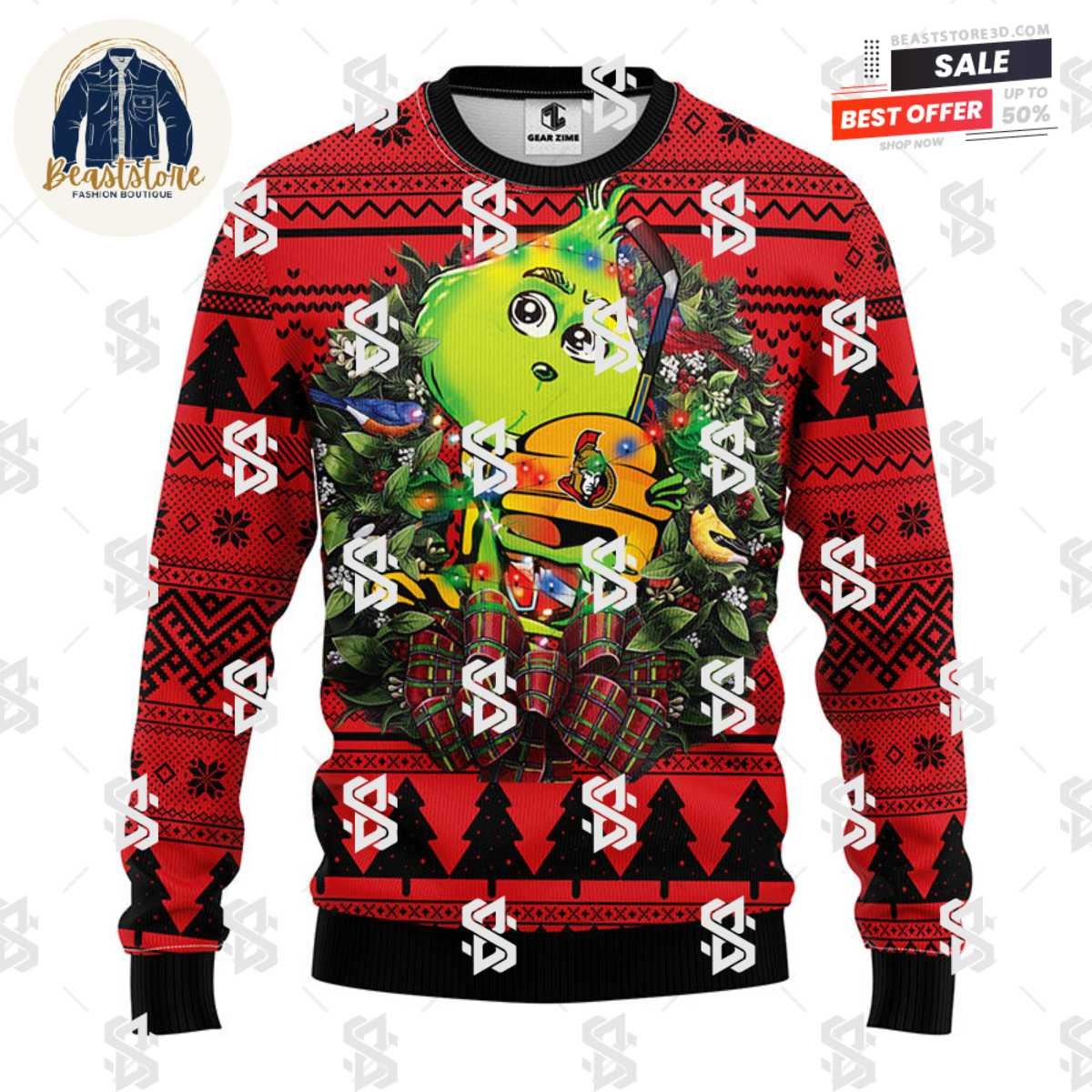 Ottawa Senators Grinch Hug Christmas Ugly Sweater