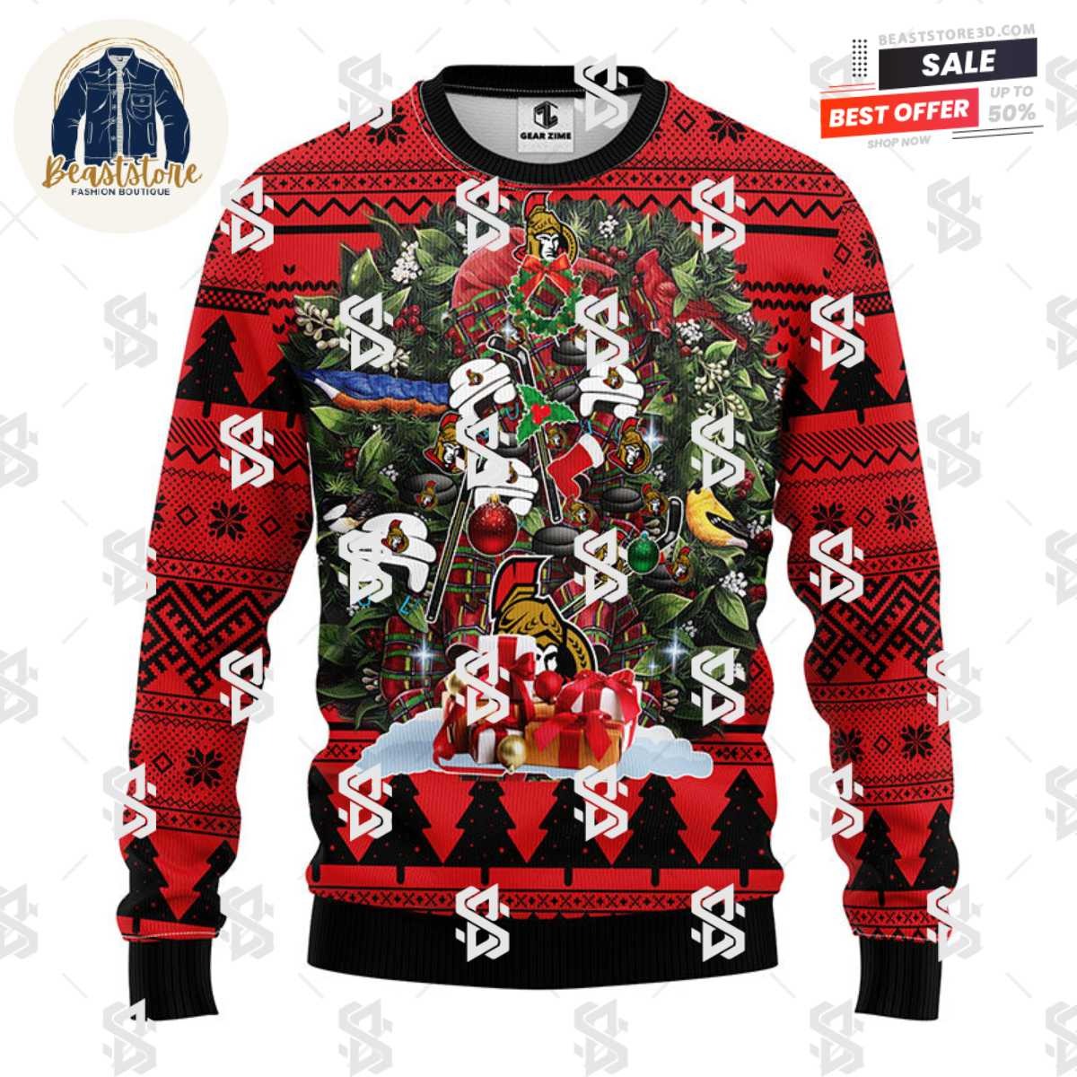 Ottawa Senators Tree Ugly Christmas Fleece Sweater