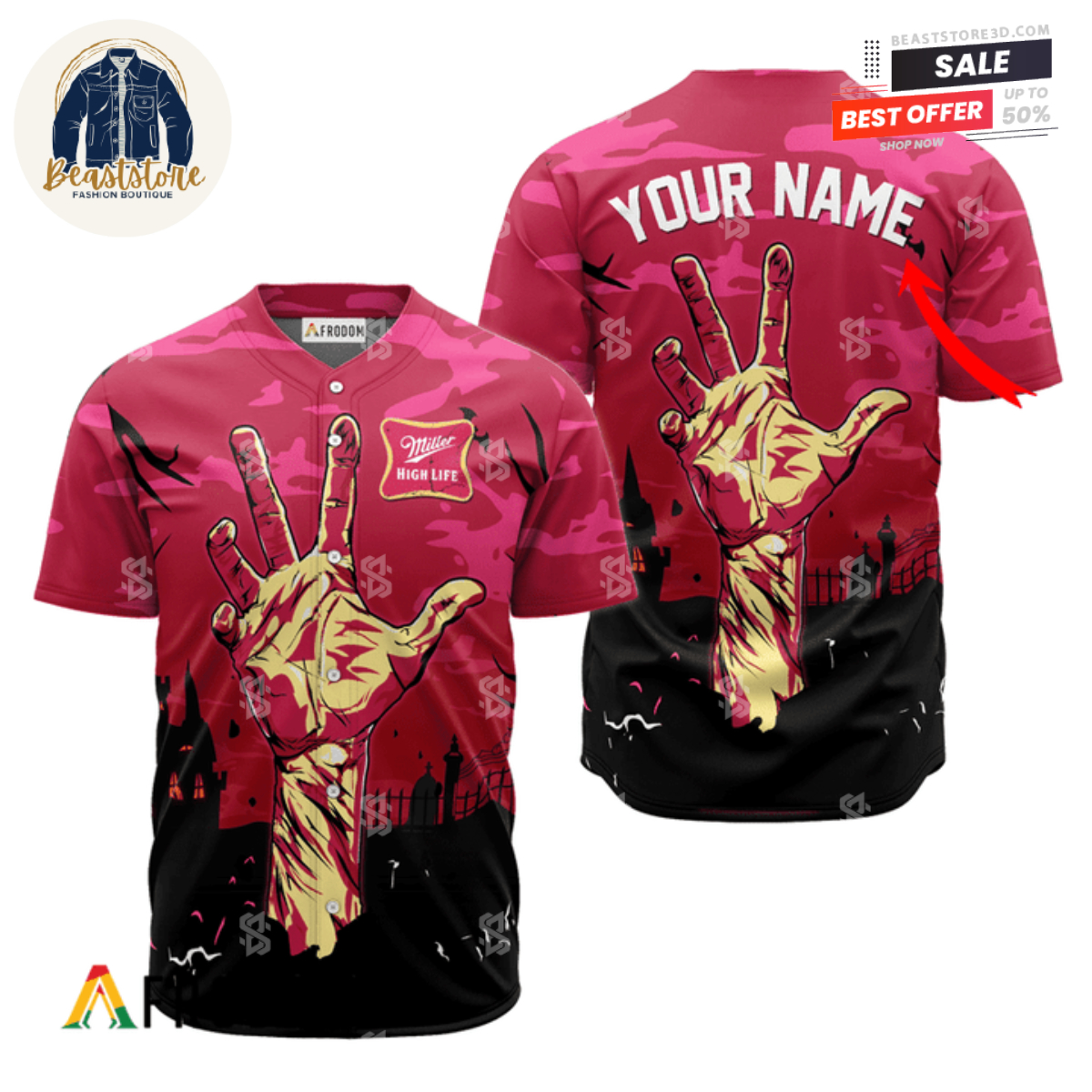 Personalized Miller High Life Zombie’s Hand Halloween Baseball Jersey