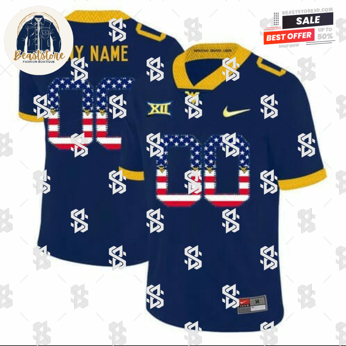 Personalized WVU Football Jersey Navy USA Flag College