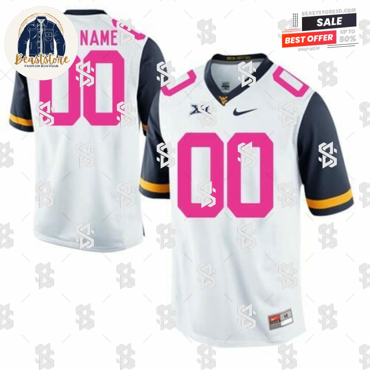 Personalized WVU Football Jersey White Pink NCAA