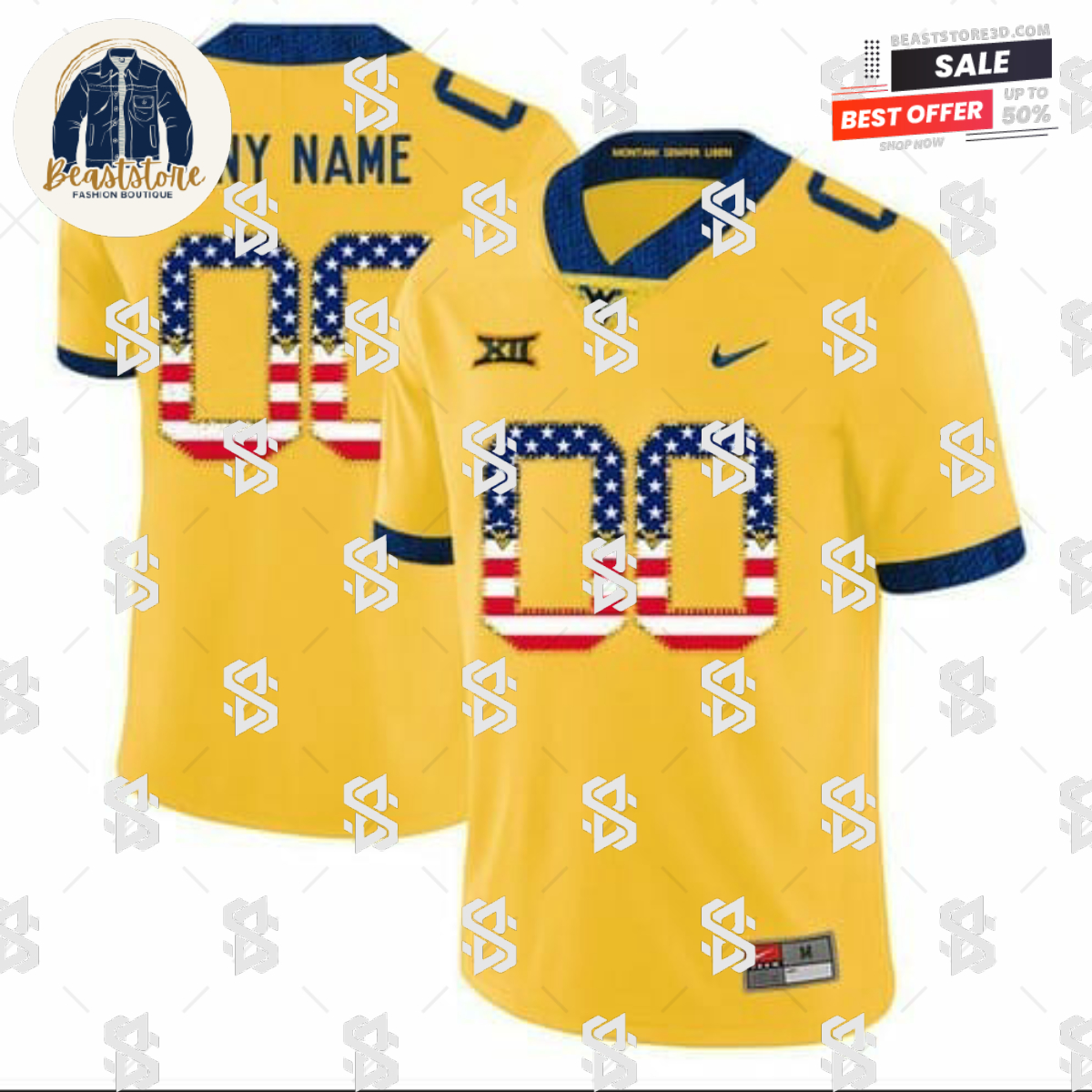Personalized West Virginia Football Jersey Yellow USA Flag College Jersey