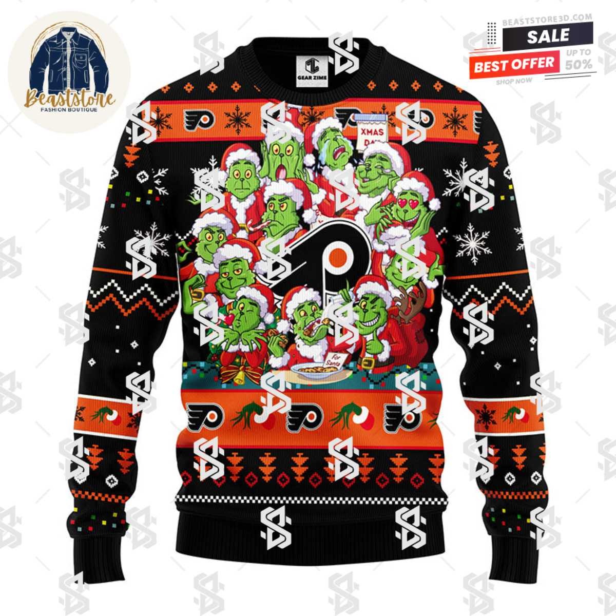 Philadelphia Flyers 12 Grinch Xmas Day Christmas Ugly Sweater
