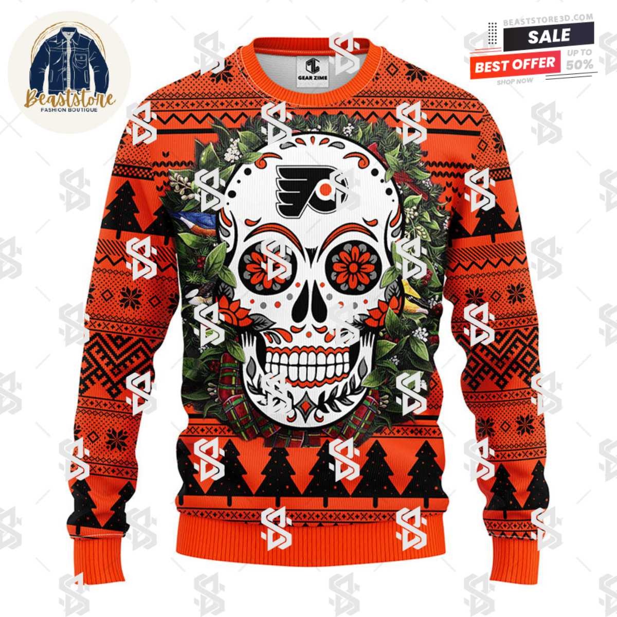 Philadelphia Flyers Skull Flower Ugly Christmas Ugly Sweater
