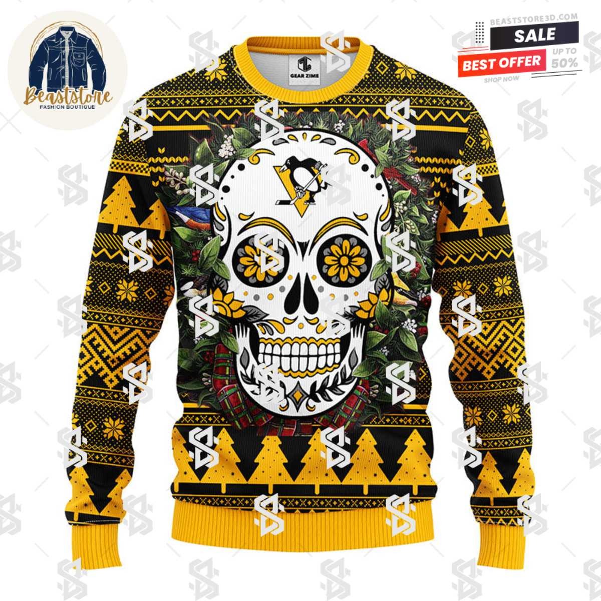 Pittsburgh Penguins Skull Flower Ugly Christmas Ugly Sweater
