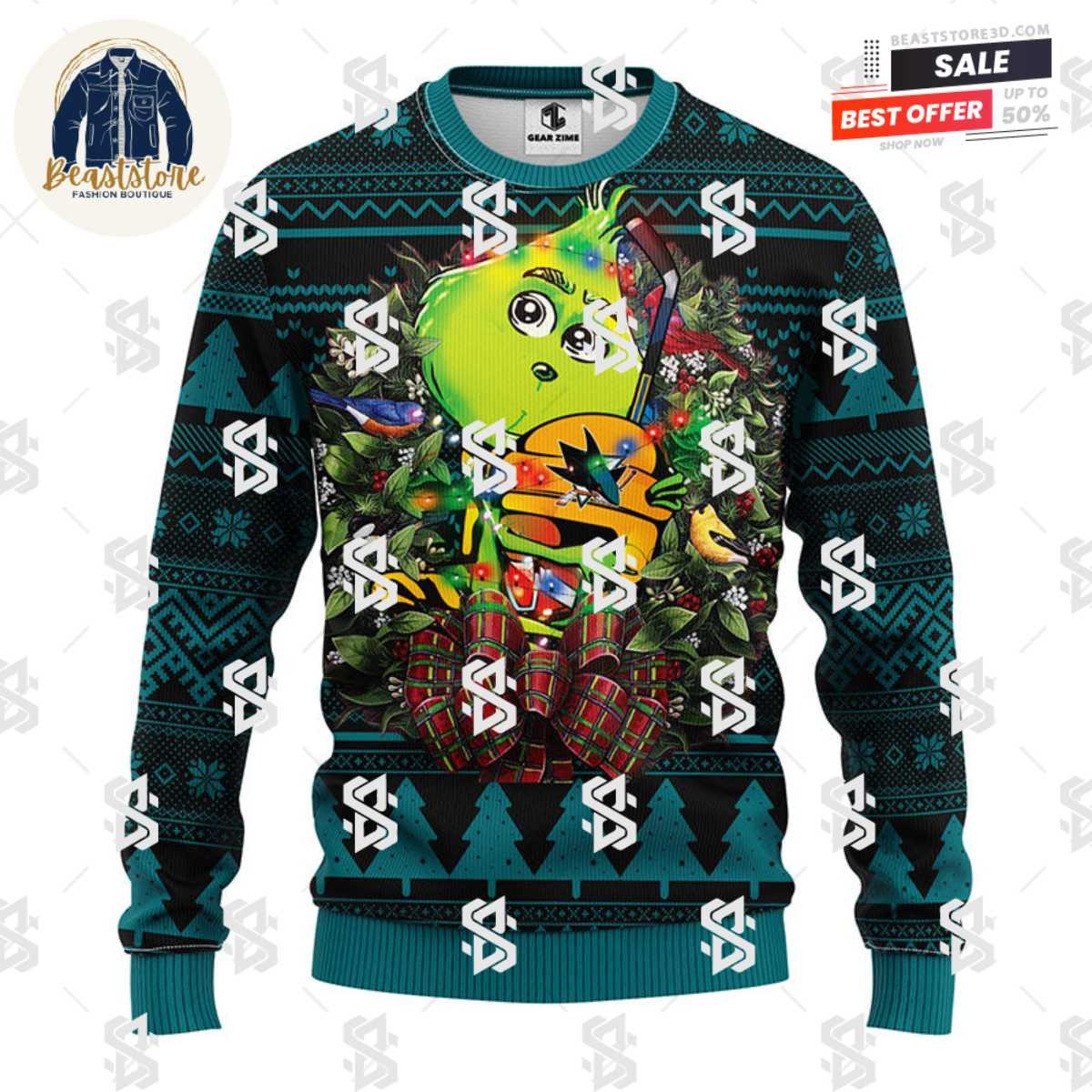 San Jose Sharks Grinch Hug Christmas Ugly Sweater