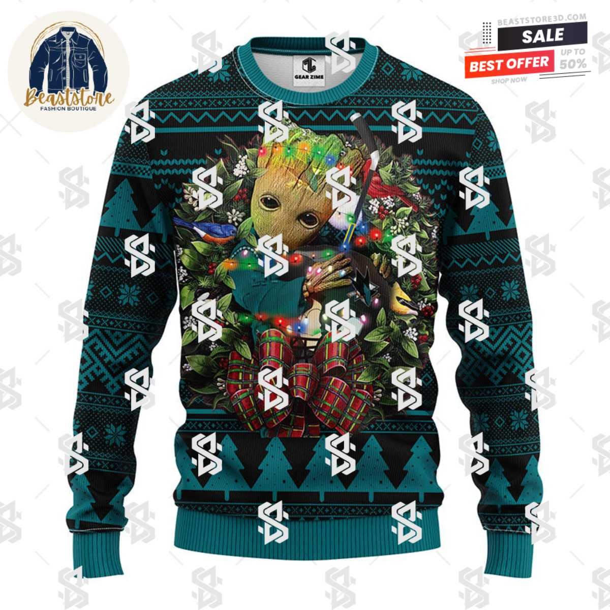 San Jose Sharks Groot Hug Christmas Ugly Sweater