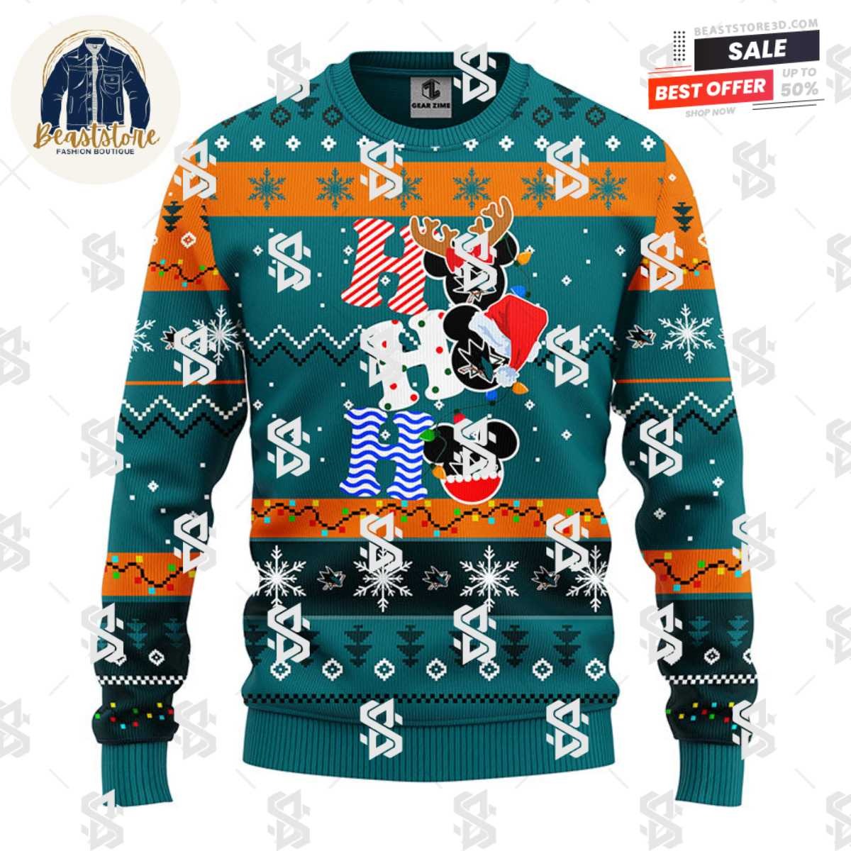 San Jose Sharks Hohoho Mickey Christmas Ugly Sweater