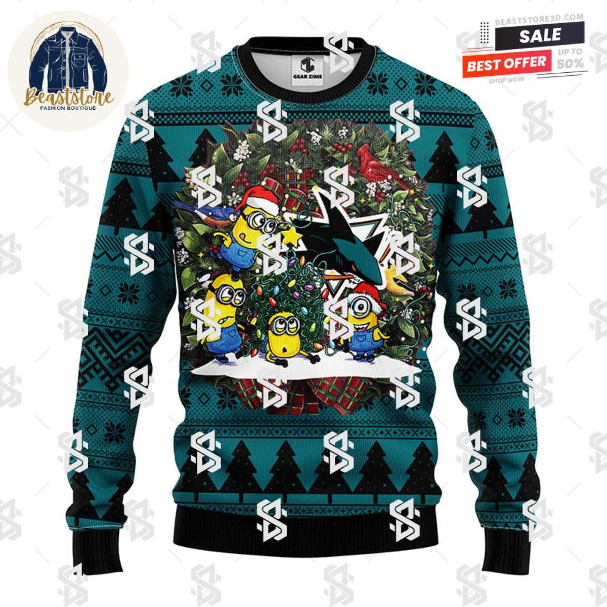 San Jose Sharks Minion Christmas Ugly Sweater