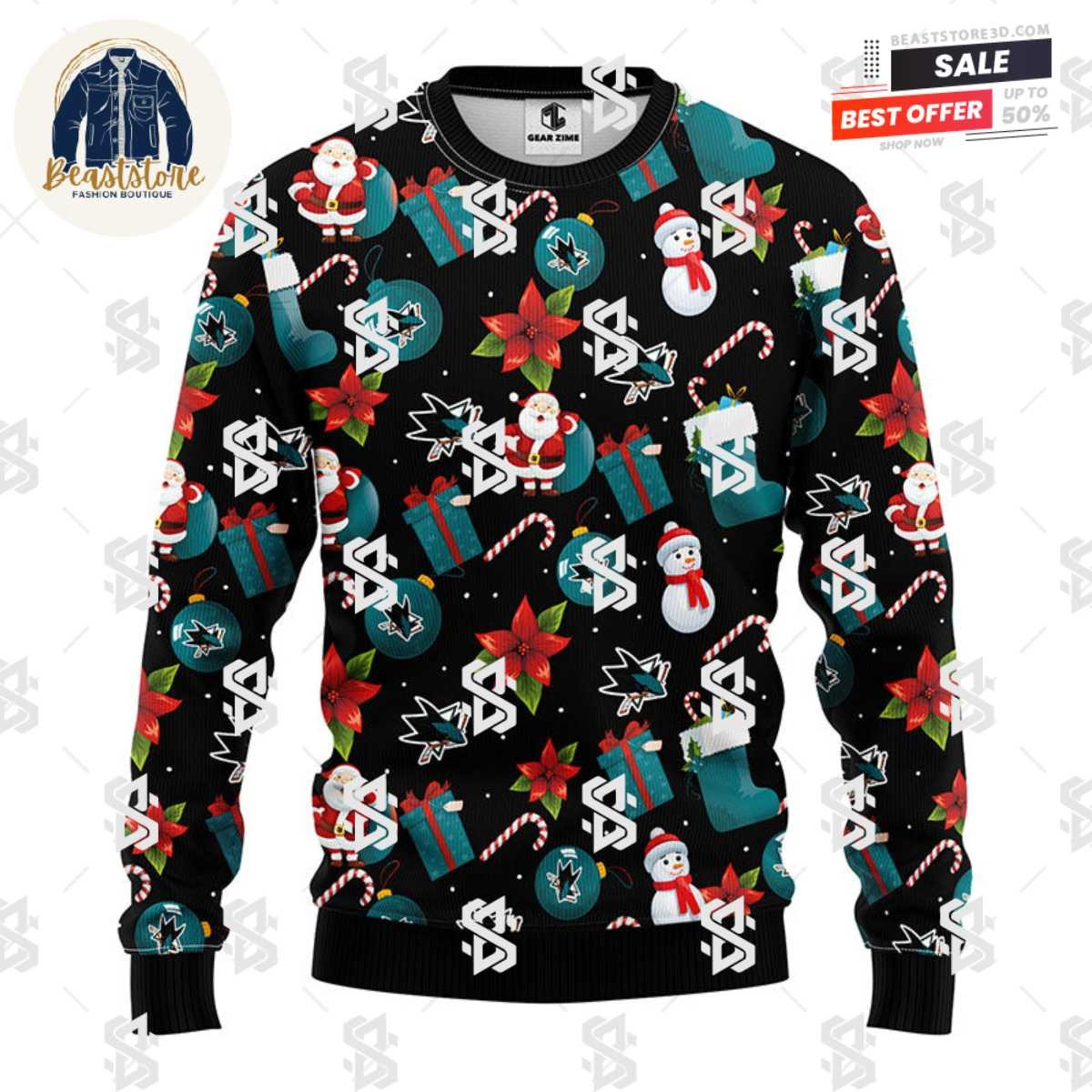 San Jose Sharks Santa Claus Snowman Christmas Ugly Sweater