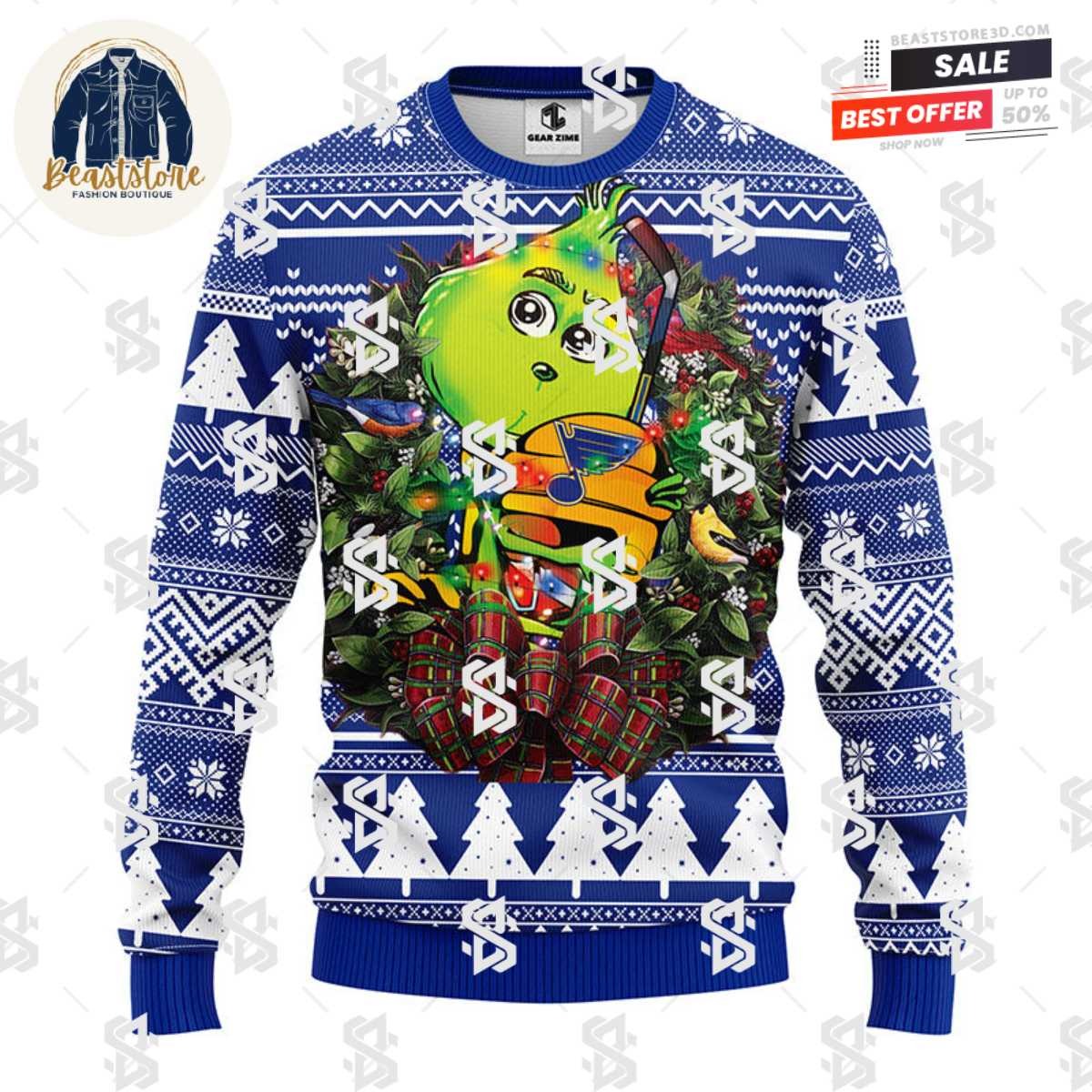 St. Louis Blues Grinch Hug Christmas Ugly Sweater